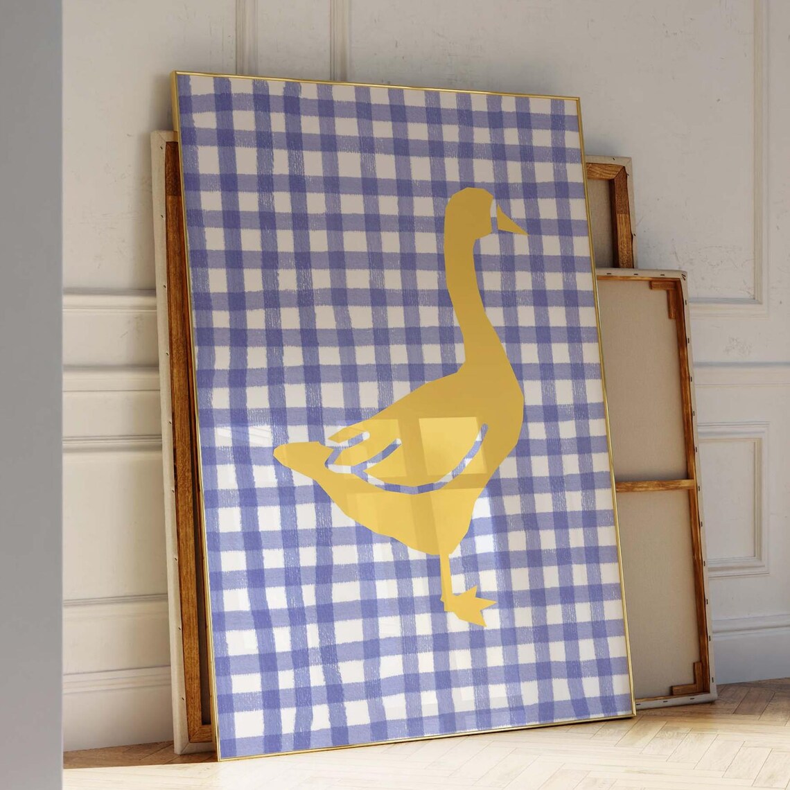 Yellow Goose Silhouette Blue Gingham Farmhouse Whimsical Poster