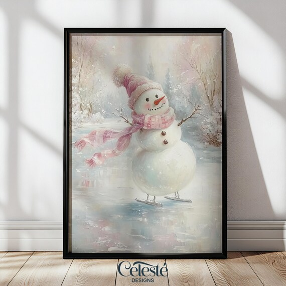 Cute Ice Skating Snowman Pink Pastel Winter Christmas Poster