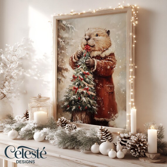 Beaver in Red Coat Holding Tiny Christmas Tree Holiday Poster