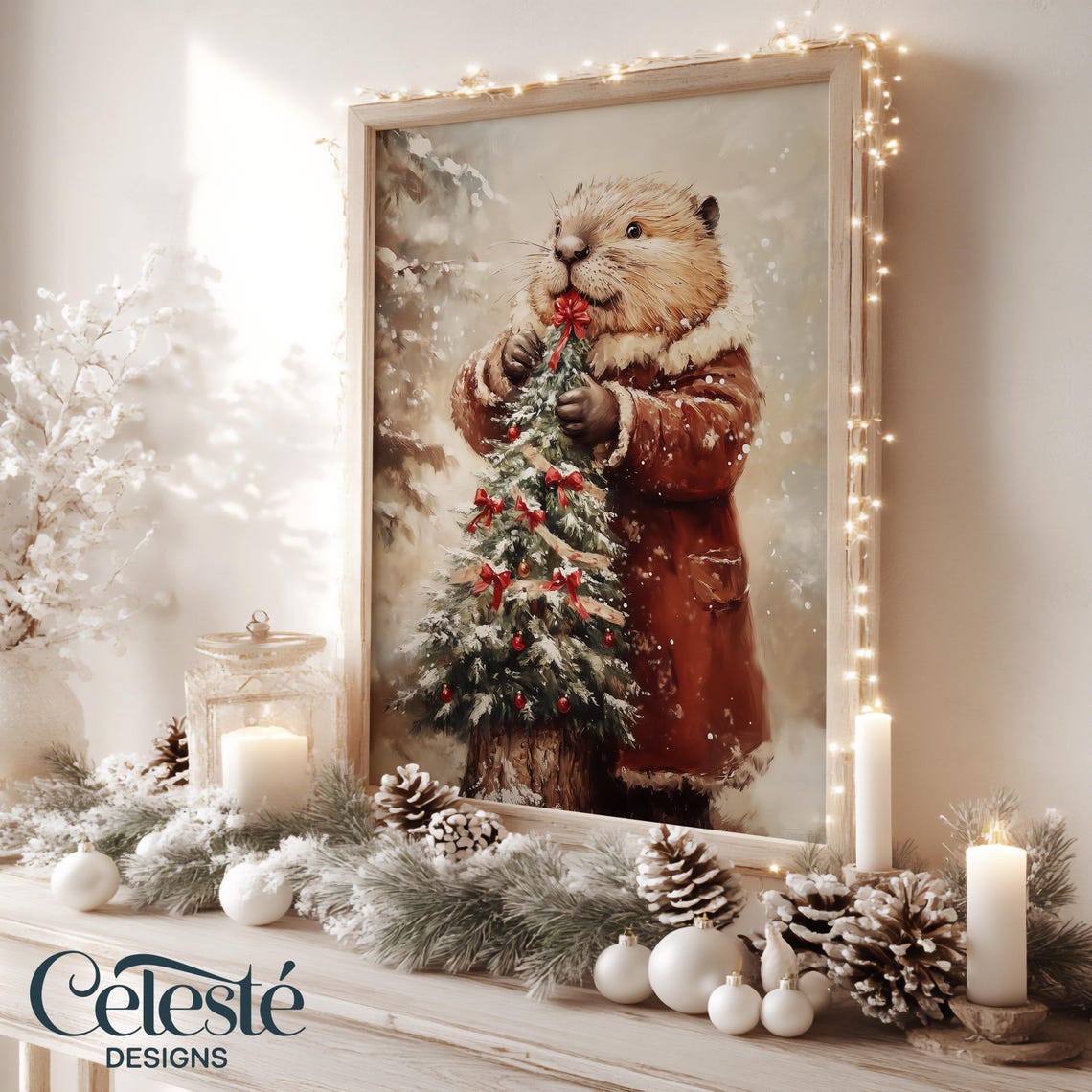 Beaver in Red Coat Holding Tiny Christmas Tree Holiday Poster