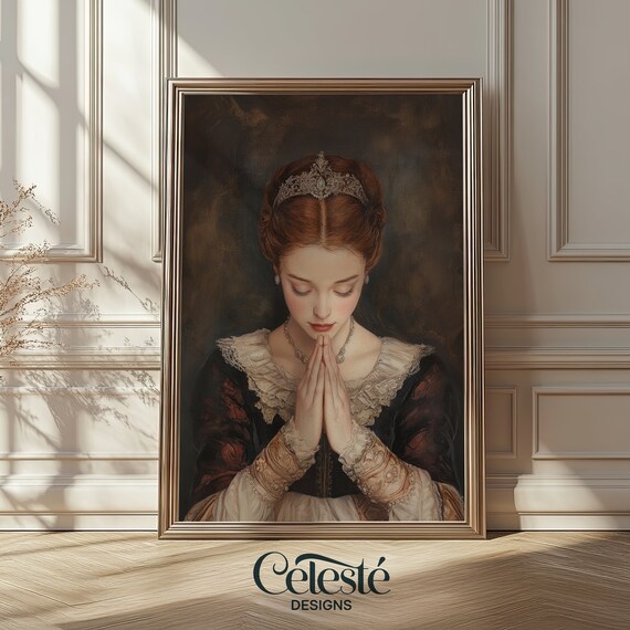 Moody Renaissance Woman With Crown Praying Vintage Portrait Art Poster