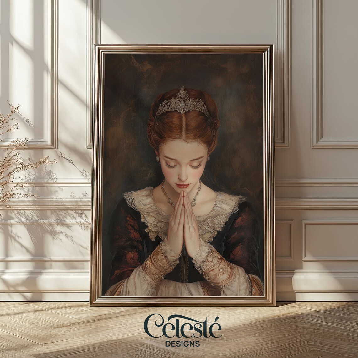 Moody Renaissance Woman With Crown Praying Vintage Portrait Art Poster