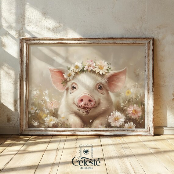 Smiling Piglet with Daisy Flower Crown Among Wildflowers Nursery Poster