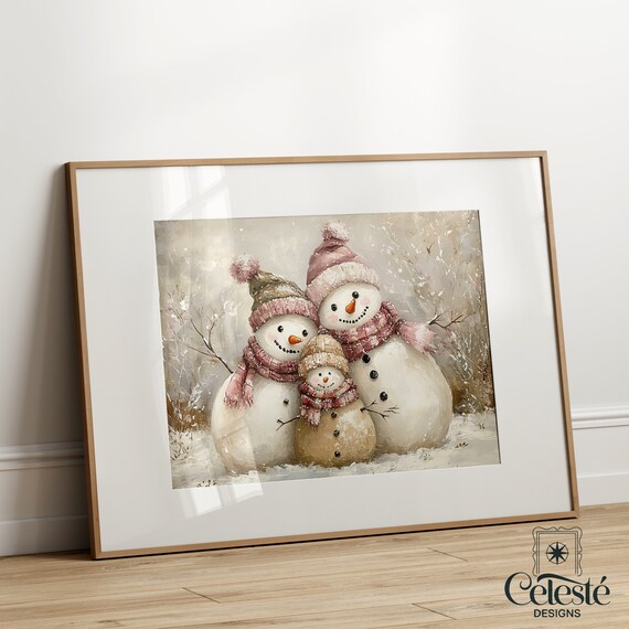 Snowman Family In Snowy Winter Forest Vintage Christmas Wall Art