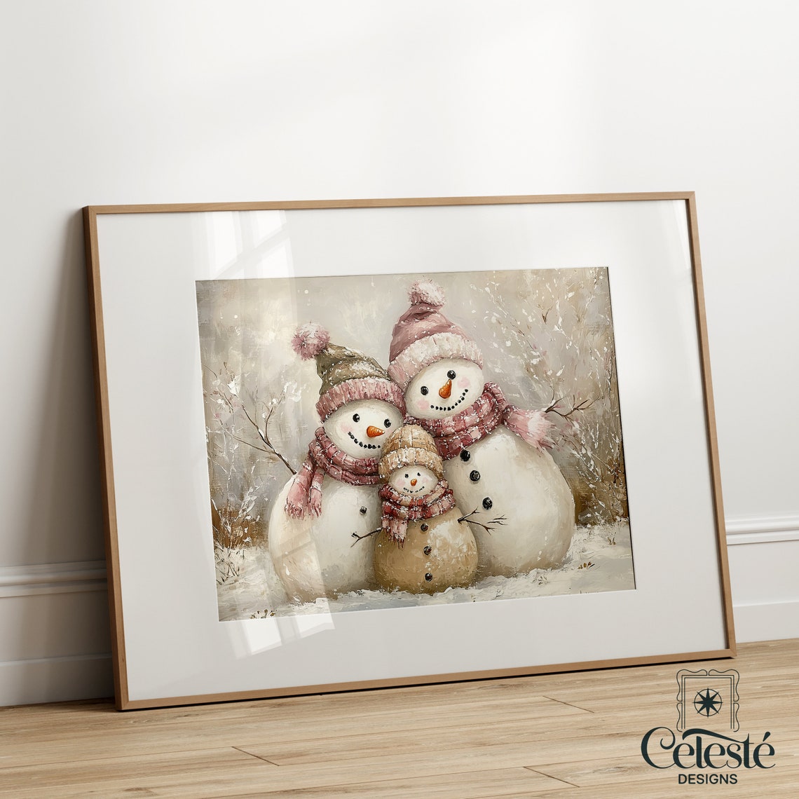 Snowman Family In Snowy Winter Forest Vintage Christmas Wall Art