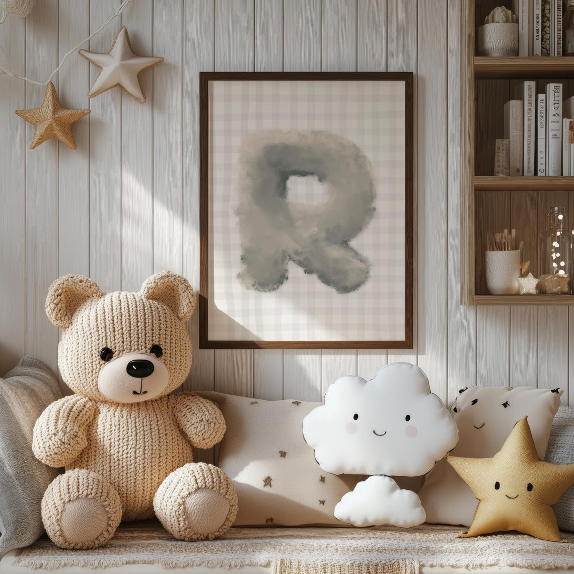 Personalized Letter R Watercolor Nursery Print Grey Gingham Cloud