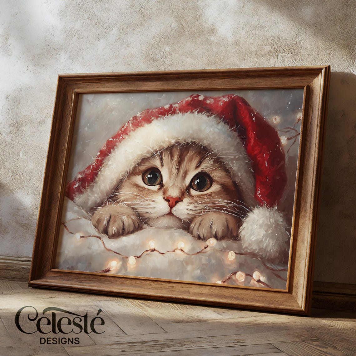 Sweet Kitten in Santa Hat with Twinkling Fairy Lights Wall Art