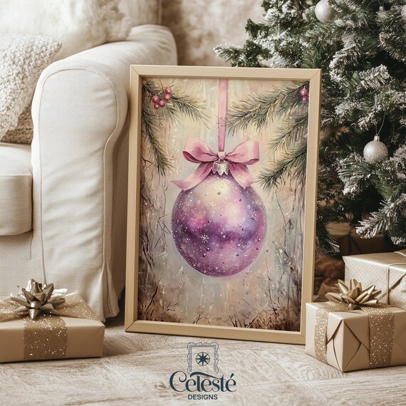 Purple Ornament Vintage Christmas Wall Art with Soft Pink Bow and Pine
