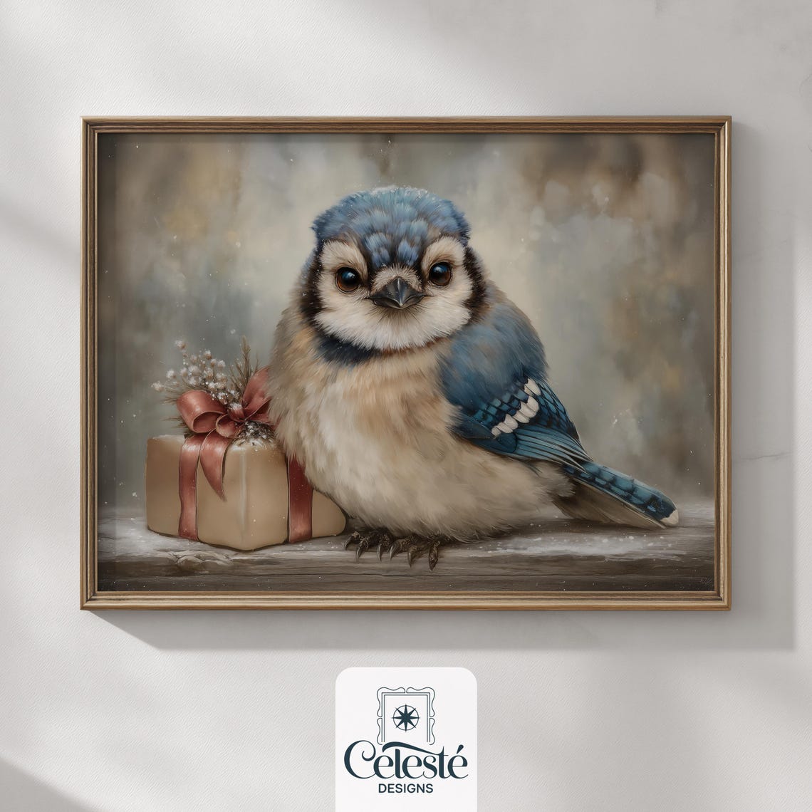 Vintage Blue Jay With Holiday Gift Box Snowy Christmas Bird Print