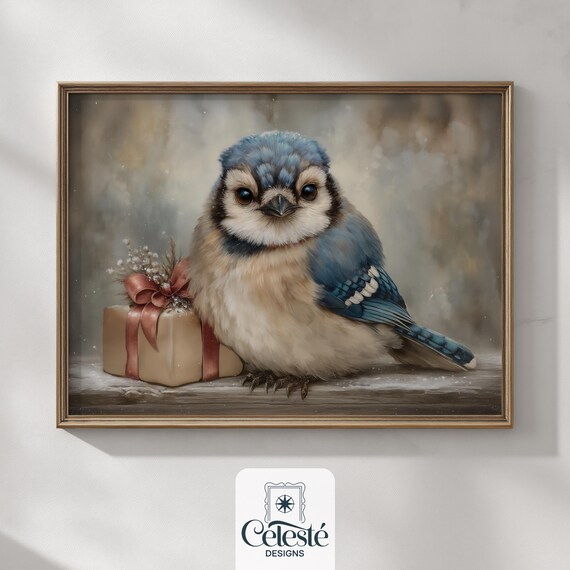 Vintage Blue Jay With Holiday Gift Box Snowy Christmas Bird Print