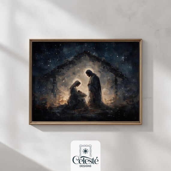 Silent Night Nativity Scene Under Starry Sky Christmas Poster