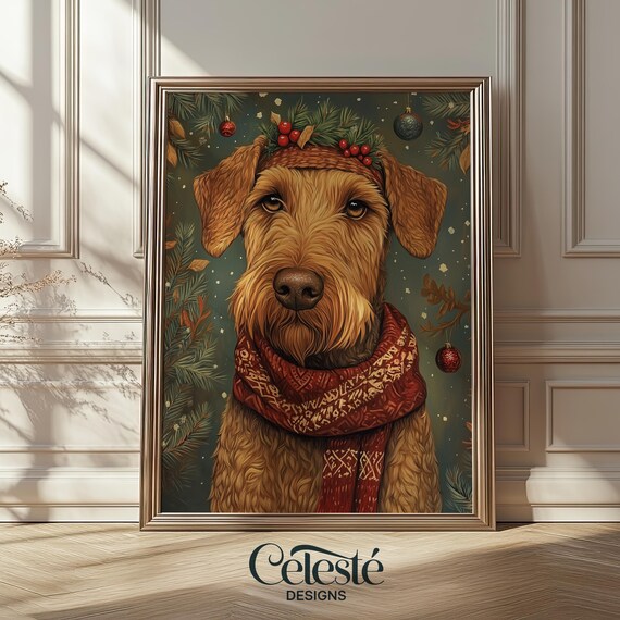 Airedale Terrier Christmas Print Dog With Knit Scarf Holiday Pet Portrait Decor