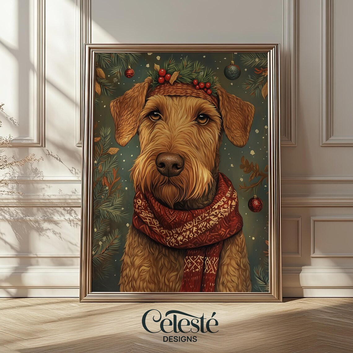 Airedale Terrier Christmas Print Dog With Knit Scarf Holiday Pet Portrait Decor