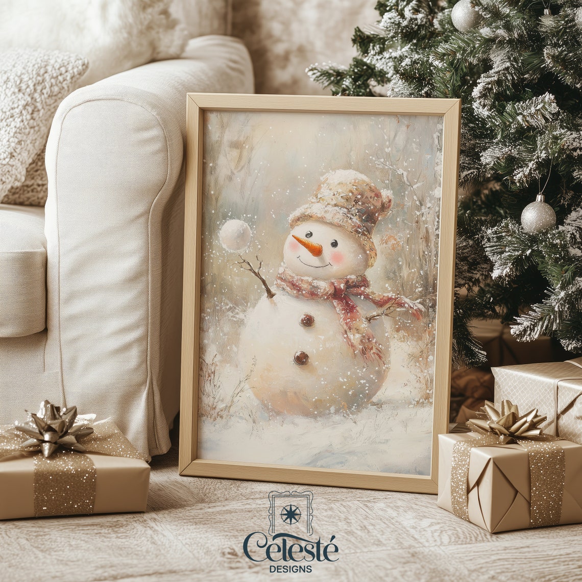 Cute Snowman Knit Hat Scarf Snowfall Winter Wonderland Poster