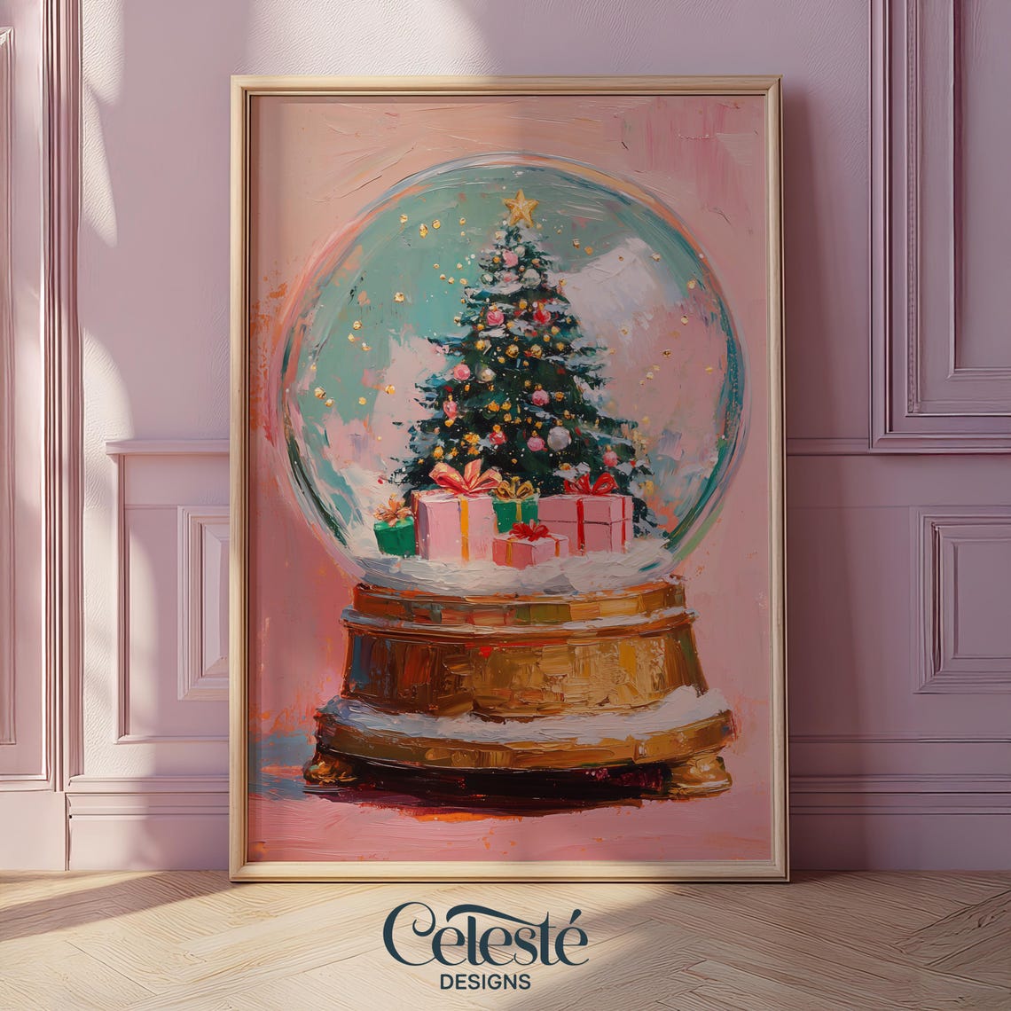 Vintage Style Snow Globe With Christmas Tree Blush Pink Holiday Print