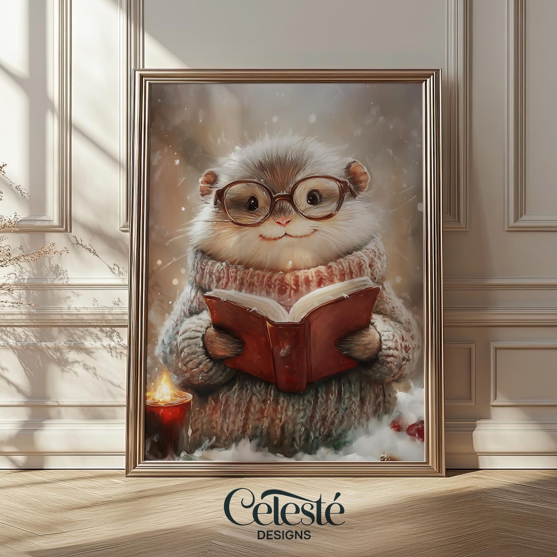 Cute Hamster in Glasses Reading a Book Cozy Winter Illustration Poster