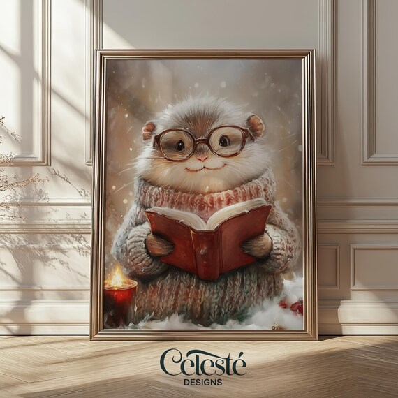 Cute Hamster in Glasses Reading a Book Cozy Winter Illustration Poster