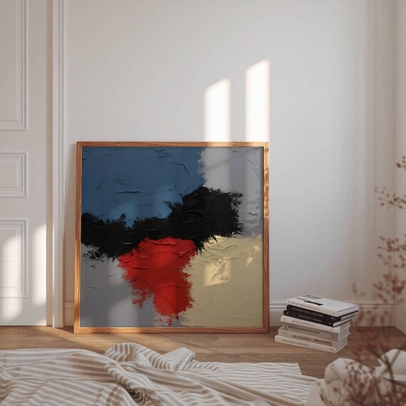 Abstract Color Block Print Modern Red Black Blue Beige