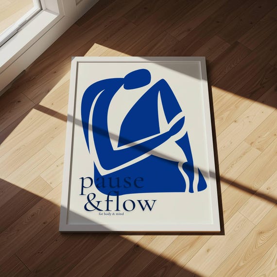 Pause Flow Abstract Blue Poster Modern Matisse Inspired Minimalist Wall Art For Home And Office Decor