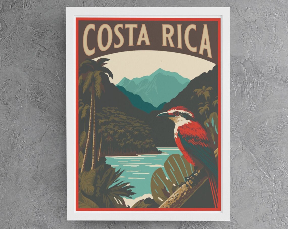 Costa Rica Tropical Bird Rainforest Mountains Vintage Travel Poster