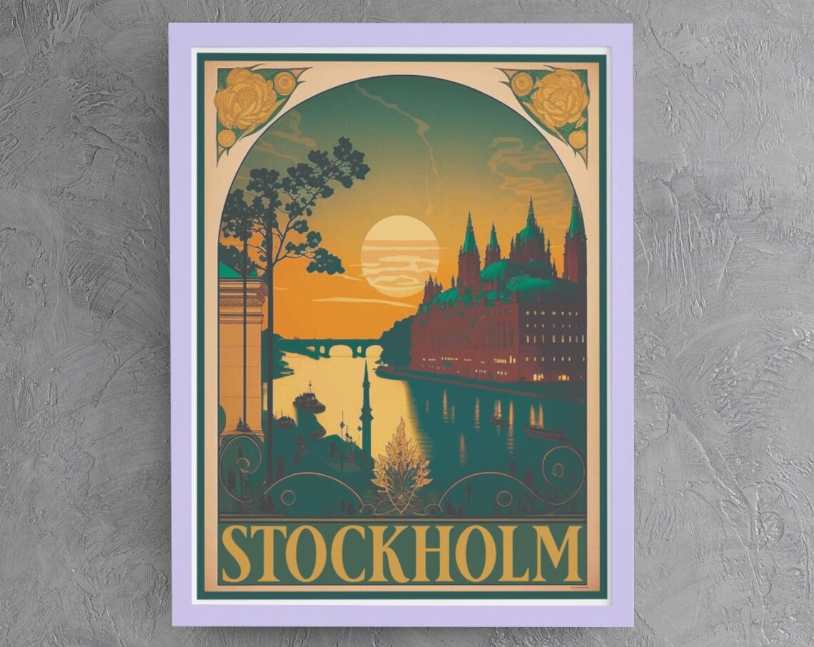 Stockholm Sweden Art Nouveau Sunset Waterfront Vintage Travel Poster