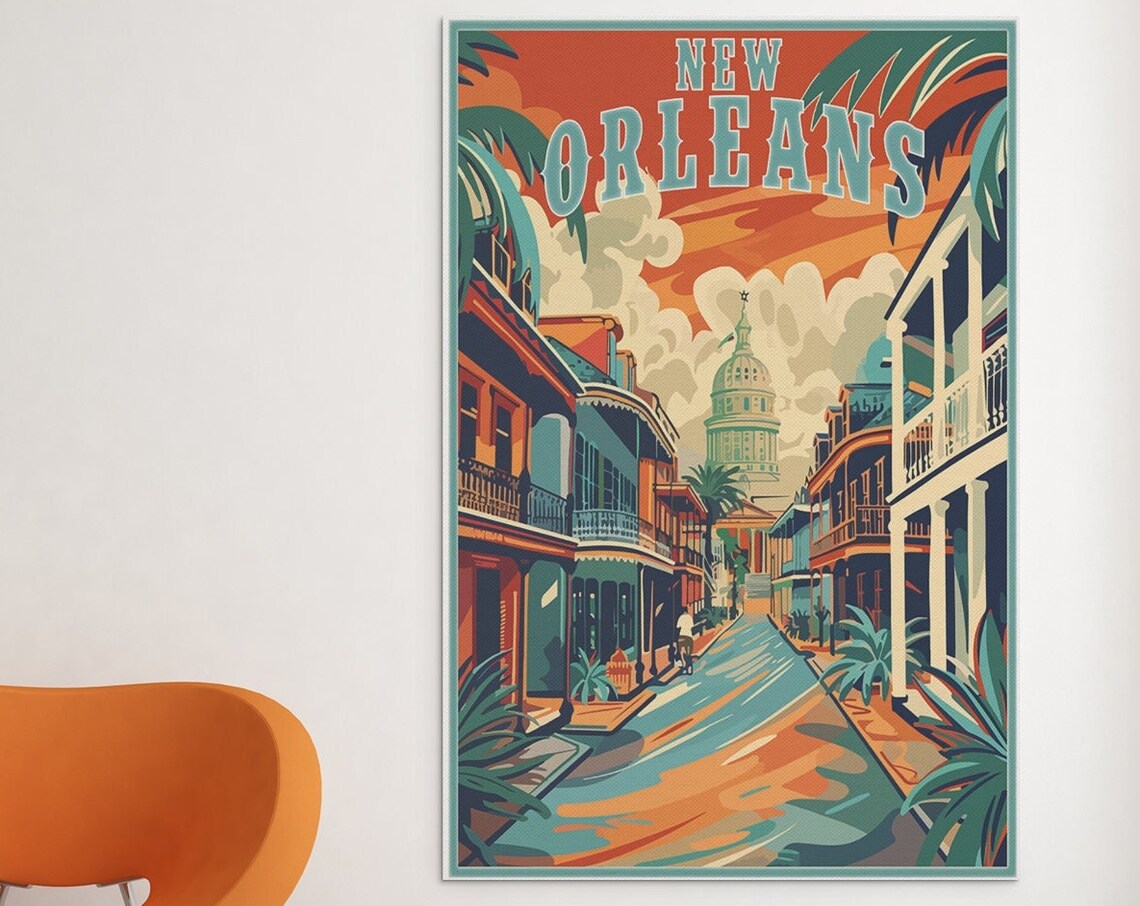 New Orleans French Quarter Street Sunset Vintage Travel Poster