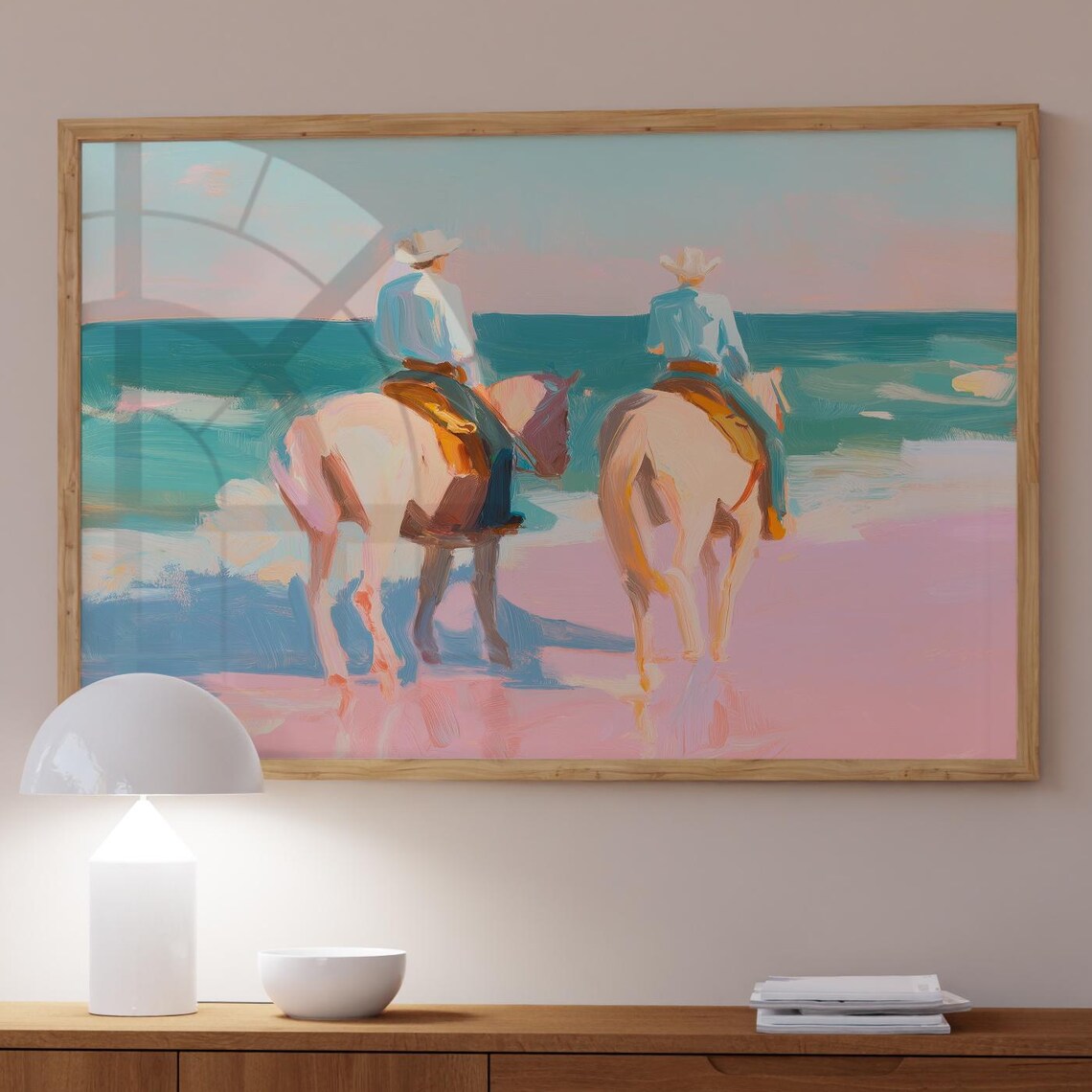 Pastel Beach Horseback Riders Coastal Western Ocean Wall Art