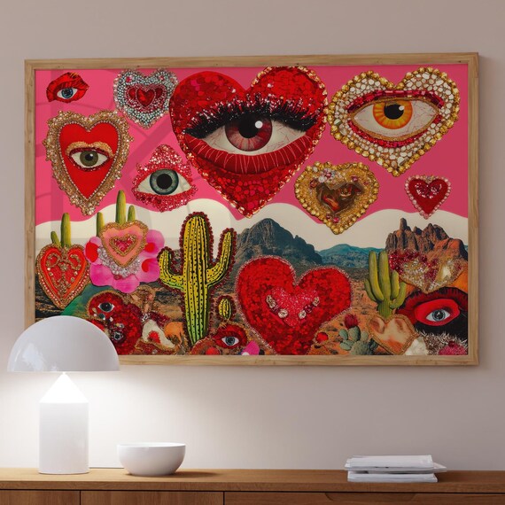 Maximalist Cactus Art Surreal Desert Print Heart Poster Bold Pink Wall Decor Eclectic Love Collage Bedroom Dopamine