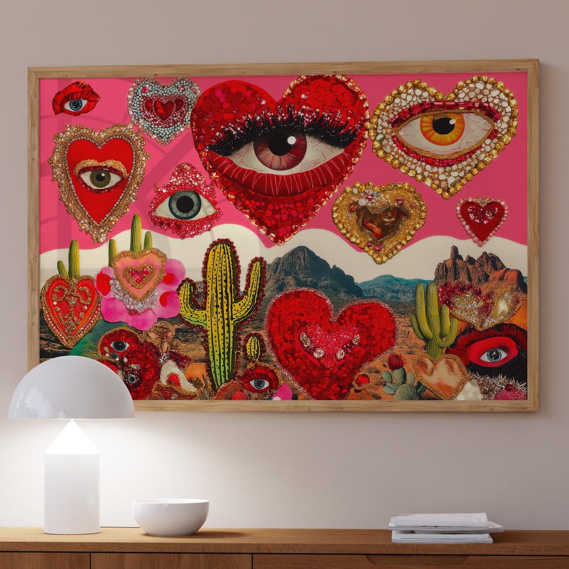 Maximalist Desert Collage With Jeweled Hearts And Cacti Art Poster