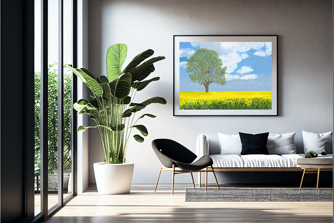 Lone Tree Yellow Flower Field Bright Blue Sky Landscape Wall Print - Image 2
