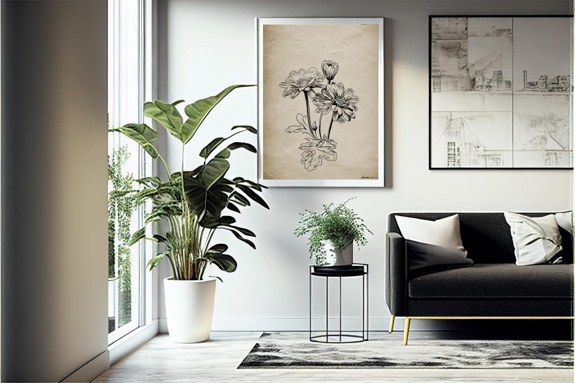 Black White Floral Line Sketch Vintage Botanical Daisy Wall Print - Image 2