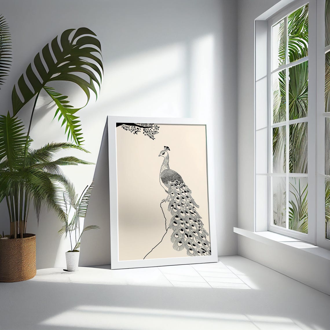 Peacock Line Art Black Beige Minimalist Bird Feather Elegant Wall Art - Image 5