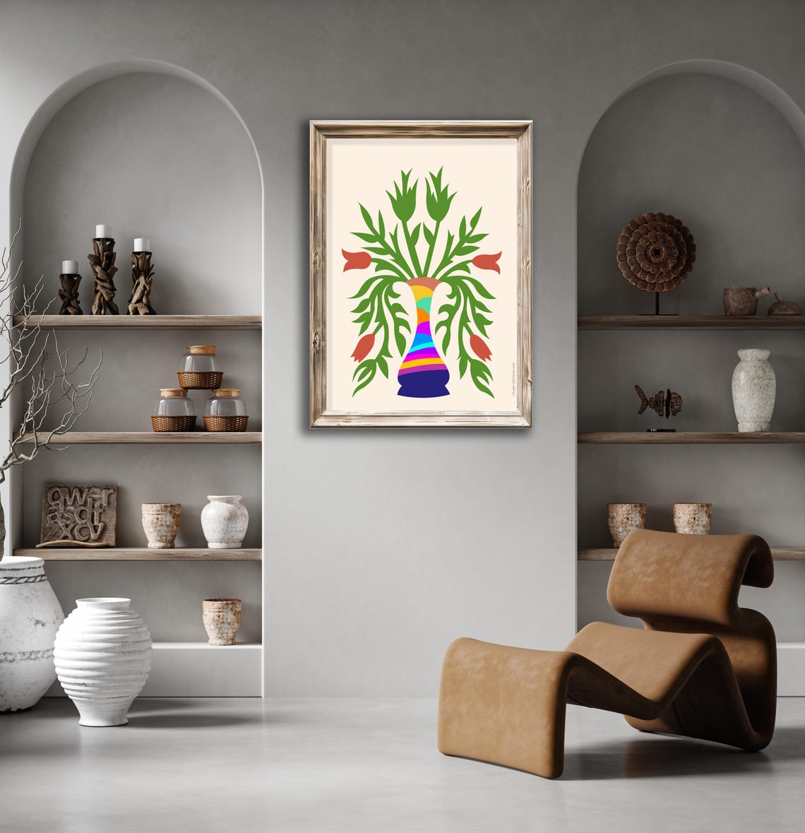 Rainbow Striped Vase Red Tulip Folk Art Colorful Floral Wall Poster - Image 3
