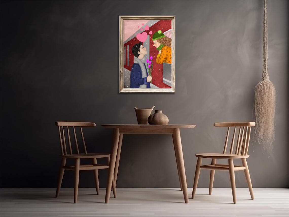 Valentines Day Snowy Train Window Romance Couple with Tulips Poster - Image 3