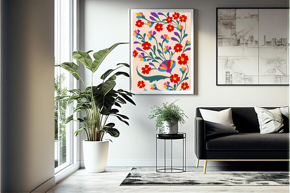 Vibrant Colorful Folk Floral Pattern Red Blossoms Beige Wall Poster - Image 3
