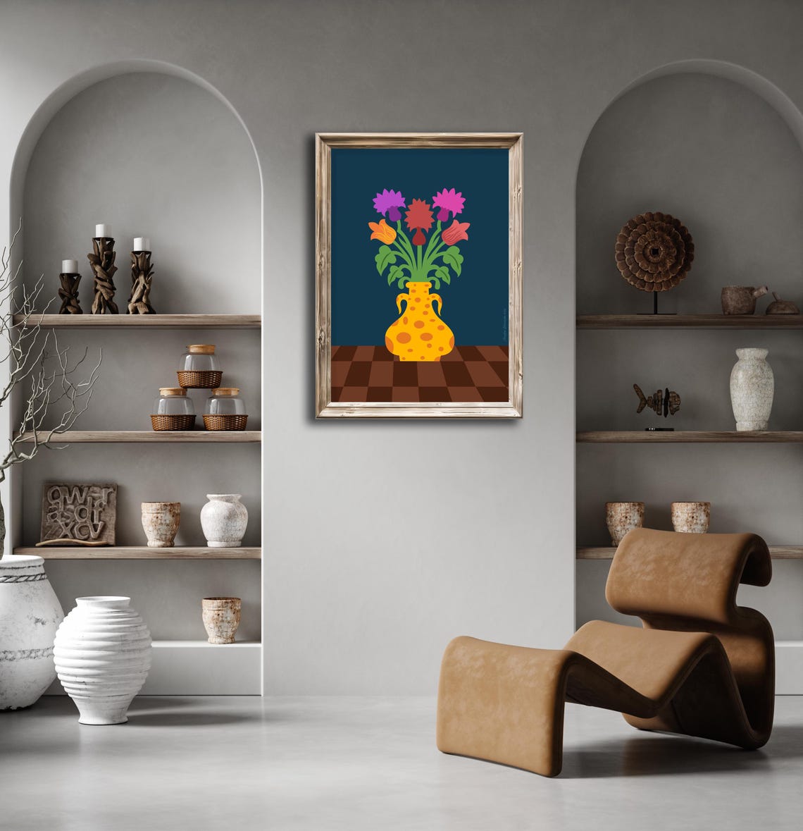 Colorful Bouquet Yellow Polka Dot Vase Dark Teal Floral Wall Poster - Image 3