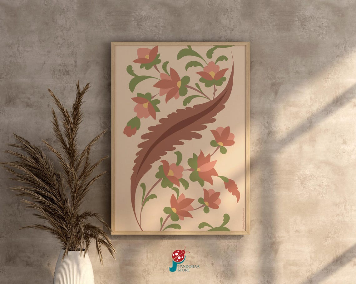 Pastel Floral Folk Art Soft Coral Peach Blossoms Beige Wall Print