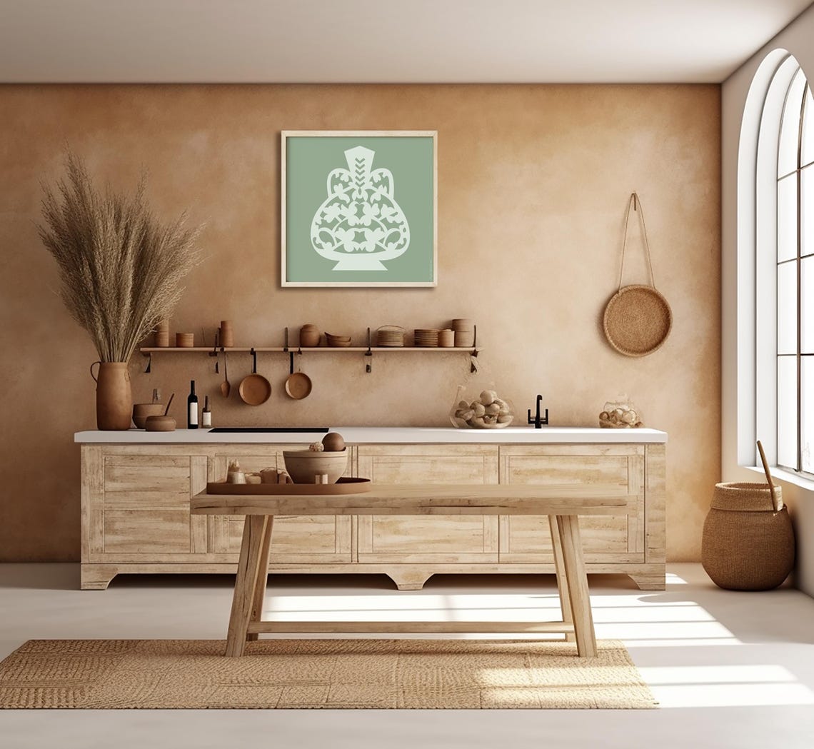 Ornamental Sage Green Vase Silhouette Turkish Pattern Wall Art Print - Image 2