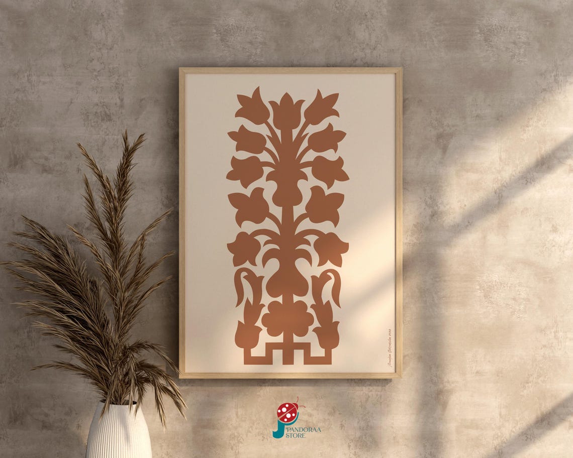 Terracotta Tulip Bouquet Silhouette Burnt Orange Folk Wall Art Print