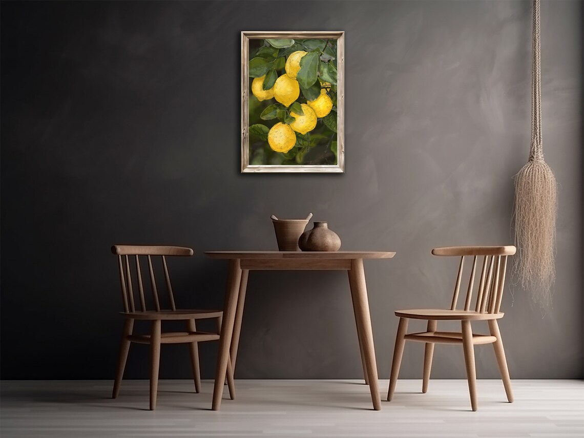 Ripe Lemons on Branch Oil Painting Green Leaves Citrus Kitchen Print - Image 2