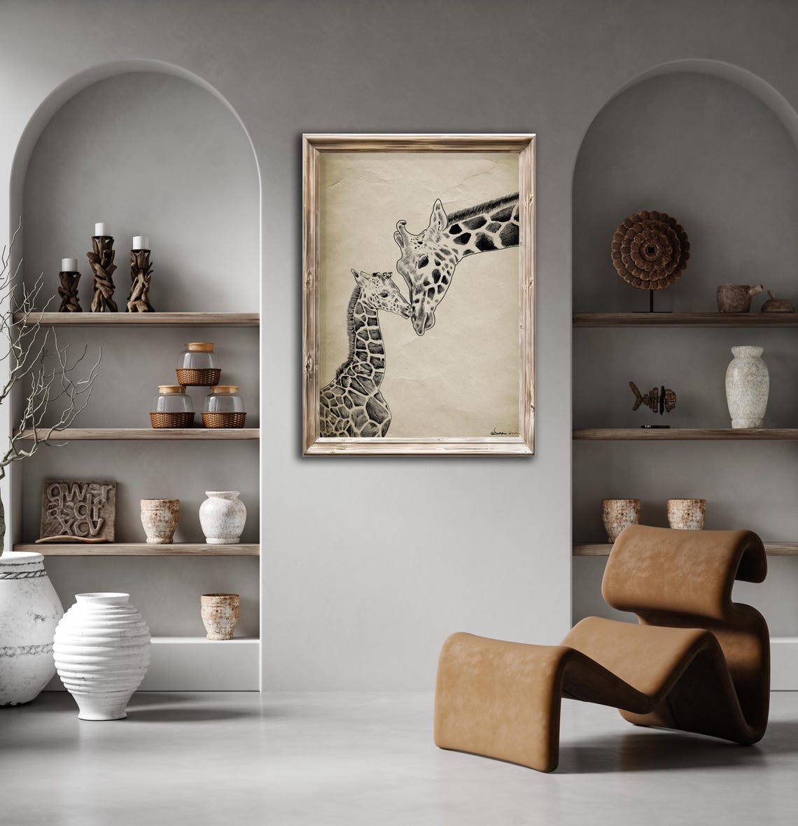 Mother Giraffe Nuzzling Baby Pencil Sketch Wildlife Nursery Print - Image 2