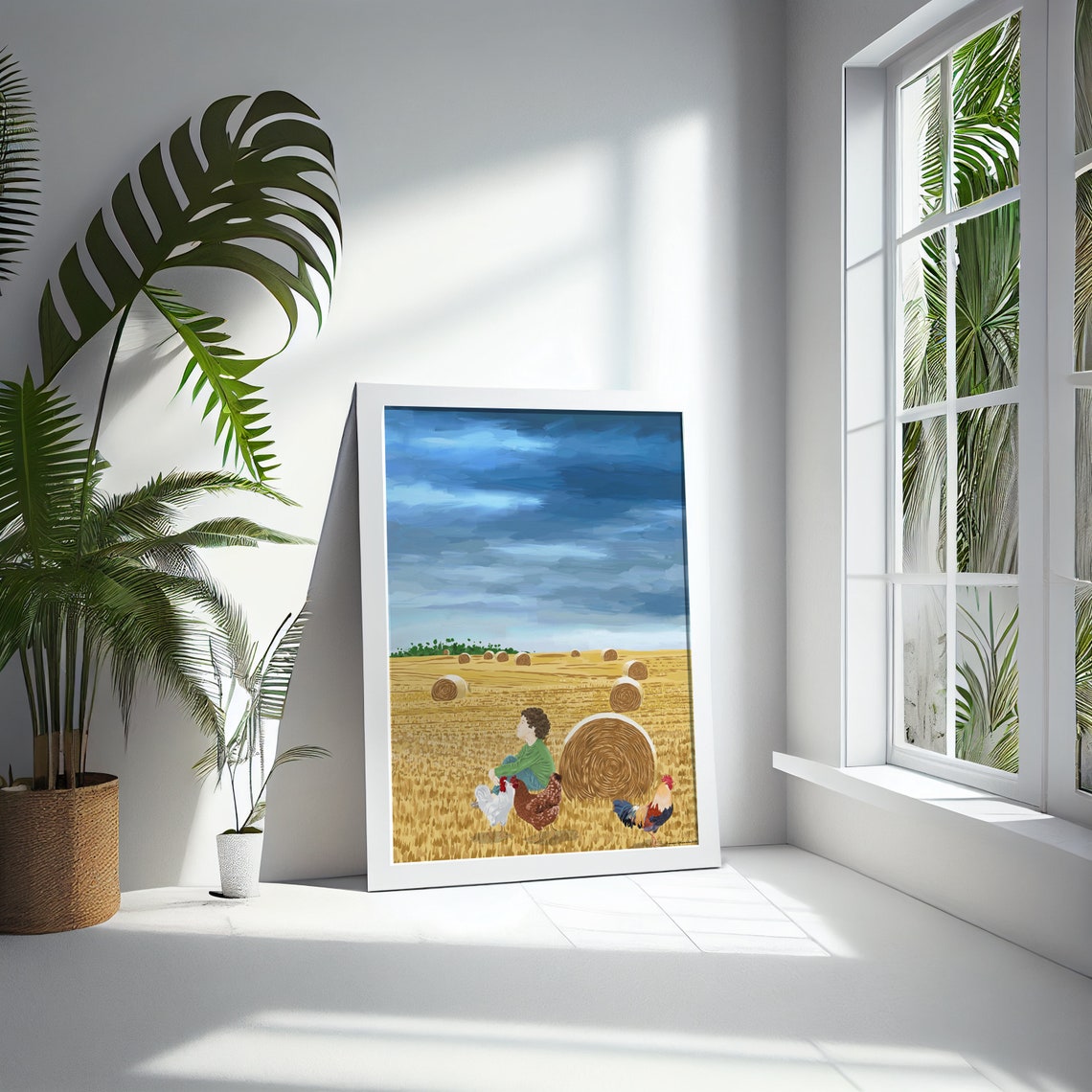 Boy in Golden Wheat Field Rooster Hens Hay Bales Harvest Print - Image 5