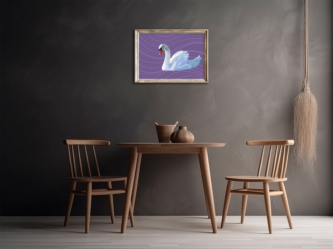 Elegant White Swan on Purple Wavy Line Background Wall Poster - Image 2