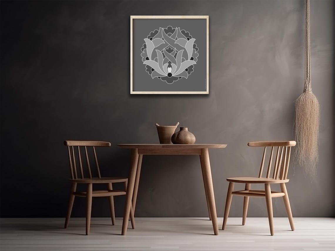Grey Ornamental Floral Medallion Art on Dark Grey Background Poster - Image 2
