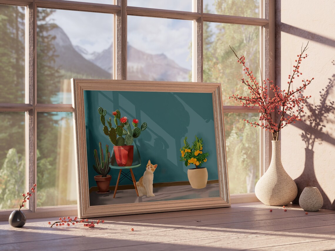 Cat And Cactus Art Print, Cozy Plant Animal Decor - Image 5