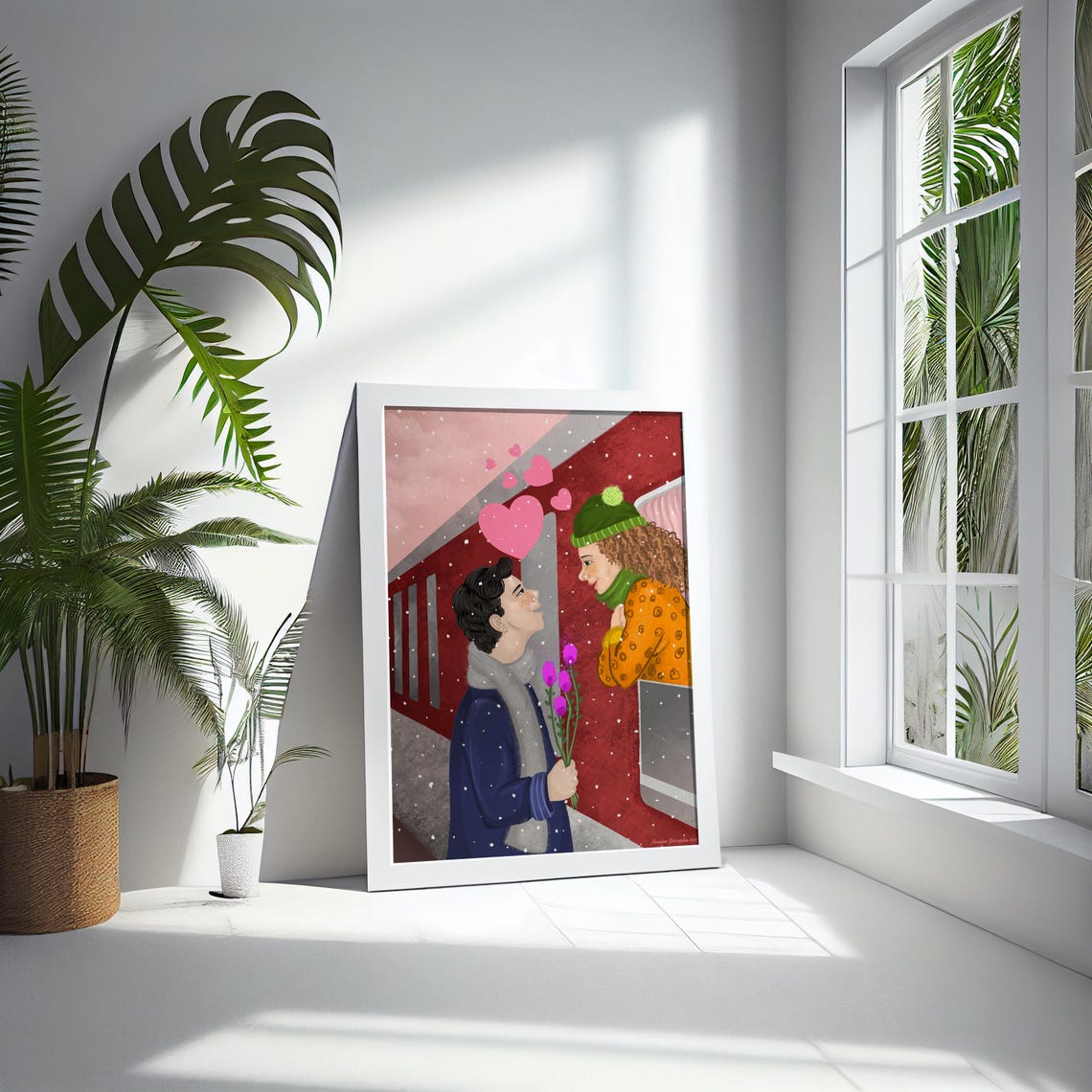 Valentines Day Snowy Train Window Romance Couple with Tulips Poster - Image 5