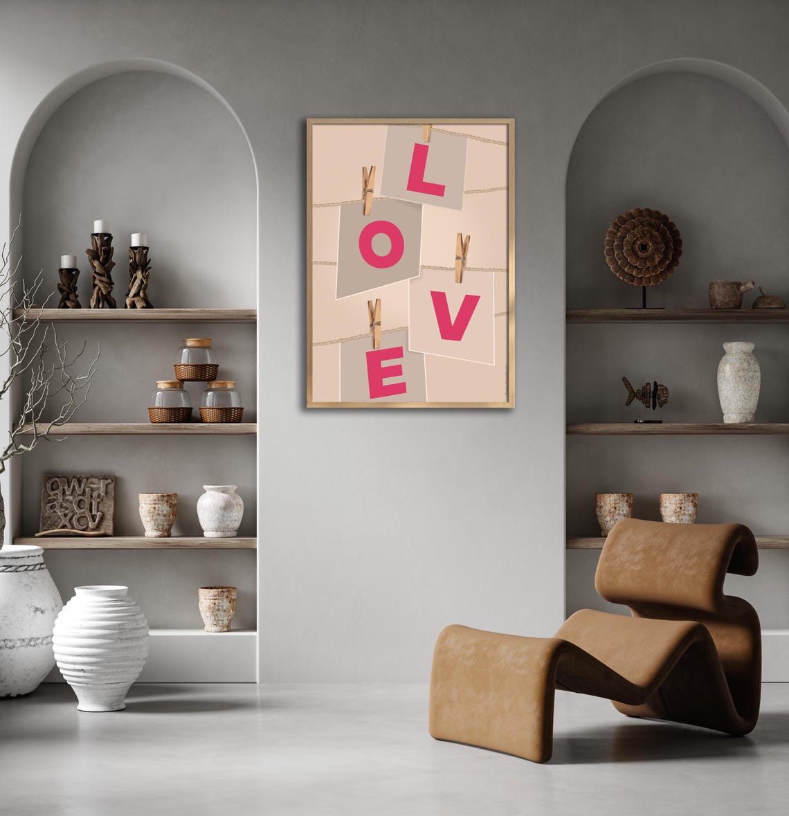 Pink Love Letters on String Clothesline Clips Romantic Wall Poster - Image 2