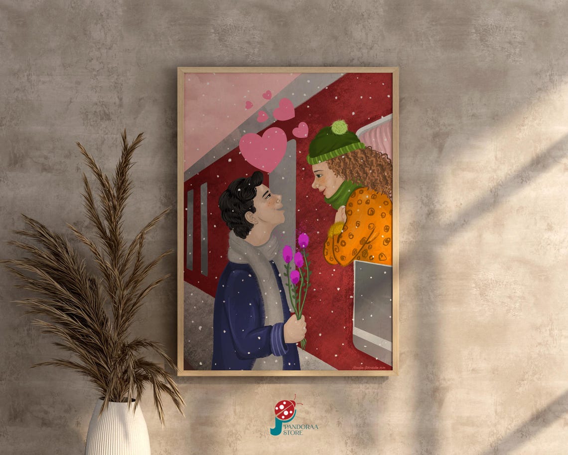 Valentines Day Snowy Train Window Romance Couple with Tulips Poster