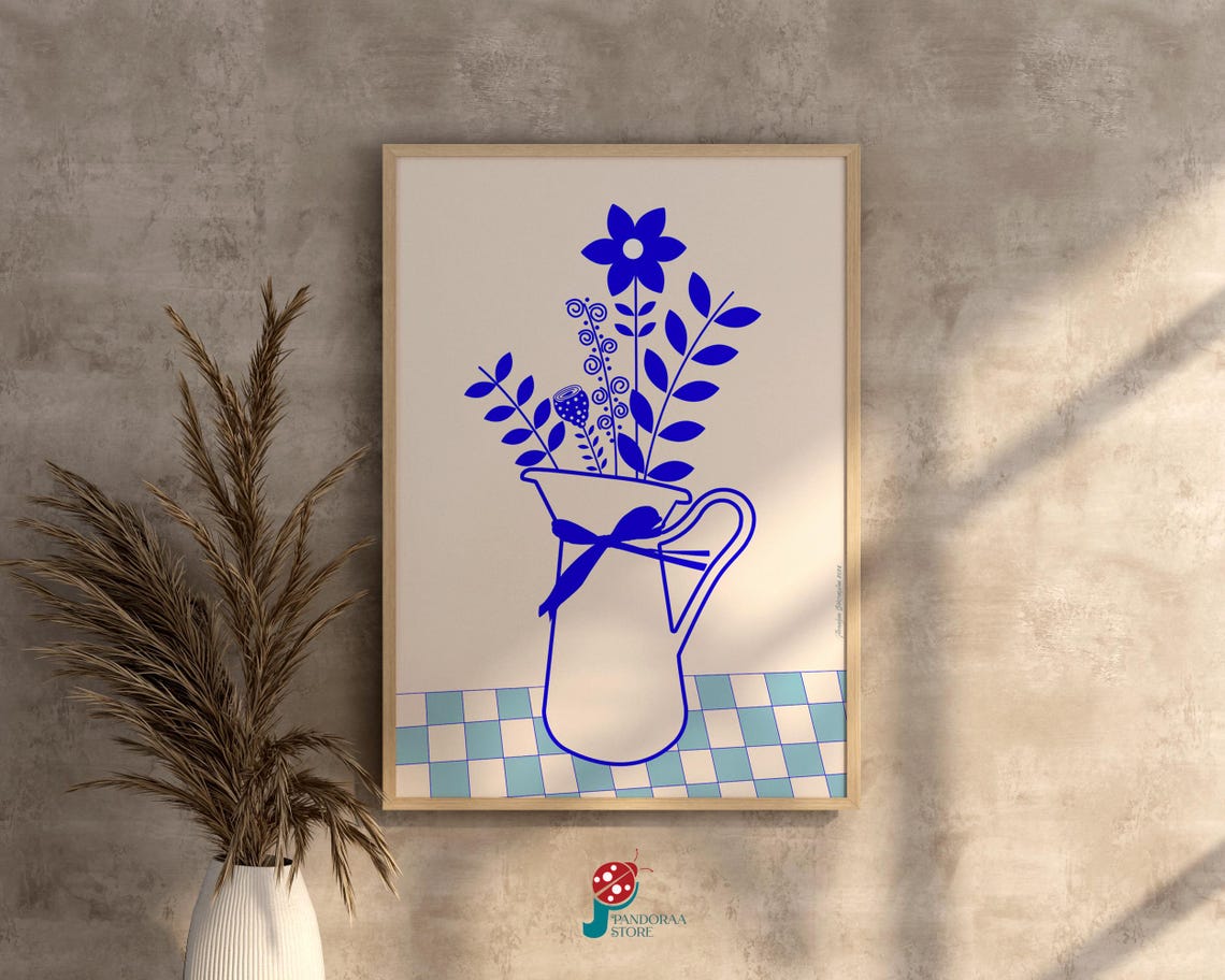 Blue Floral Pitcher Line Art Bouquet Ribbon Modern Kitchen Art Print