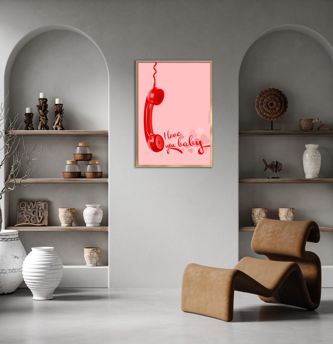 Vintage Retro Red Phone I Love You Baby Script Pink Wall Poster - Image 2
